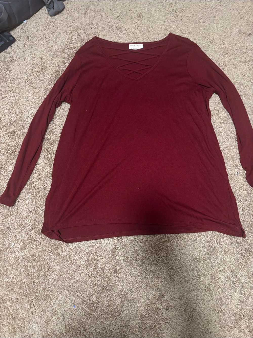 Bobbie Brooks Burgundy Crisscross V-Neck Long Sleeve Top